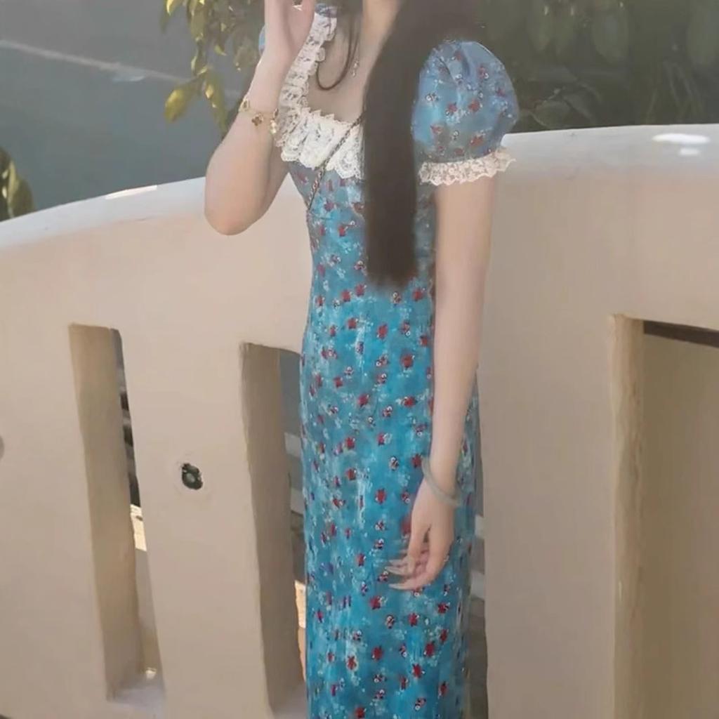 French High-end Blue Floral Dress Women's Summer New Small Unique and Beautiful Long Dress