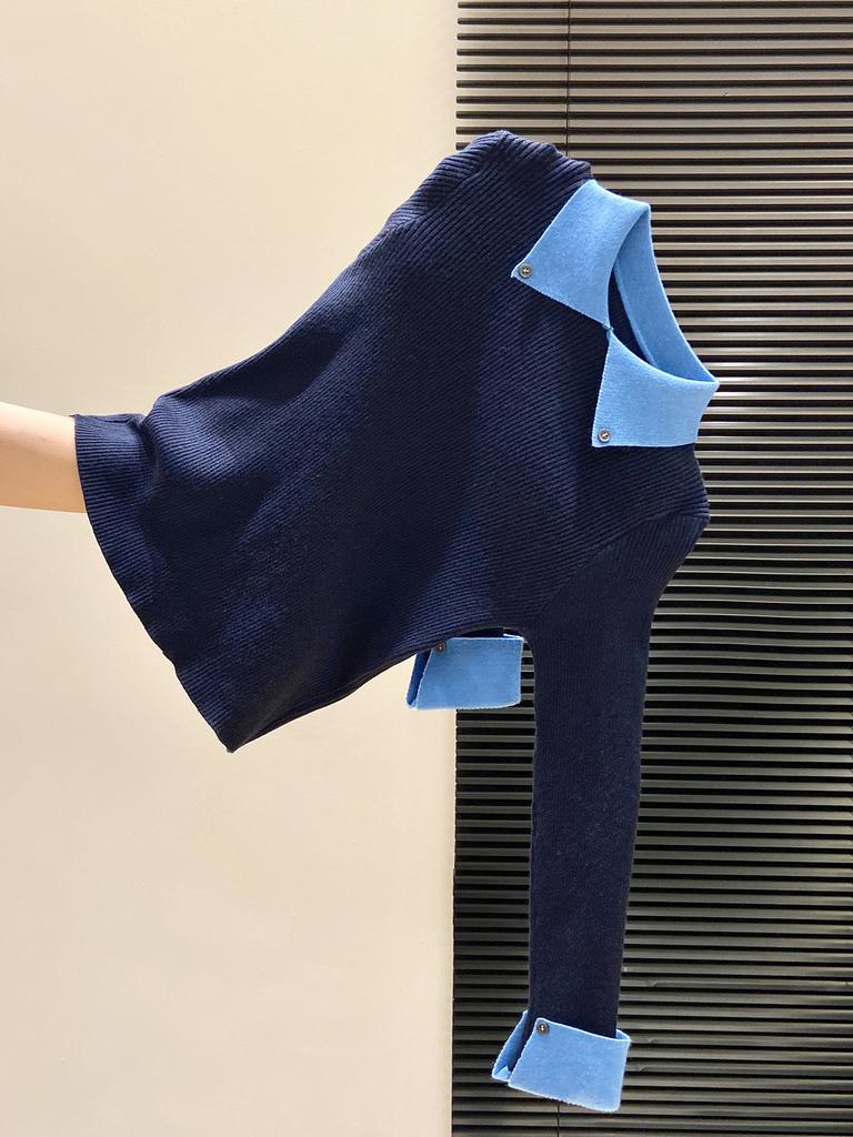 Temperament Contrasting Color Knitted Sweater Women's Autumn and Winter Niche Chic Olo Lapel Inside Sweater Backing Top