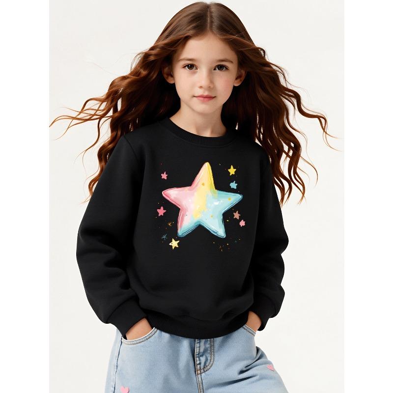 Girls' Crewneck Sweatshirt Colorful Star Pattern Print Design Machine Washable, Spring And Autumn, Sportswear And Casual Wear, Soft And Comfortable