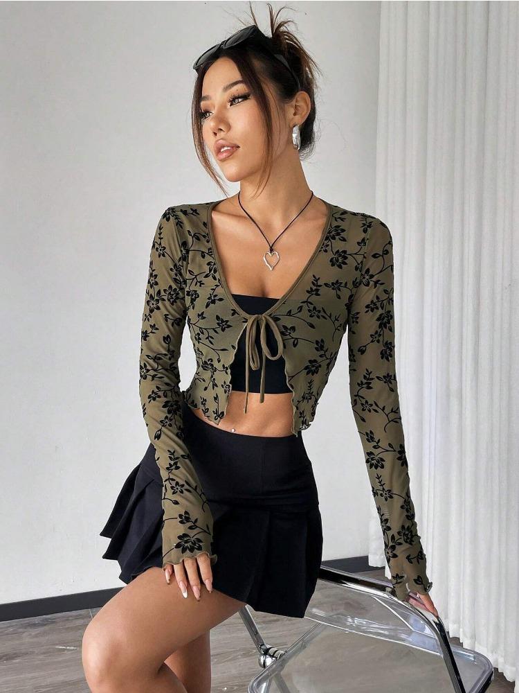 Spring Elegant Women's Transparent Mesh Flocking Front Tie Long Sleeve Top Versatile Closet Essential Fashion Items Shirt