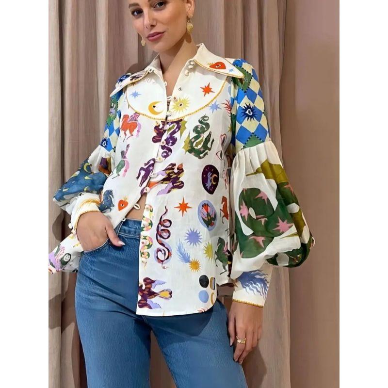 Graffiti Collar Lantern Sleep Shirt Graffiti Printing Lapel Lantern Sleeve Shirt