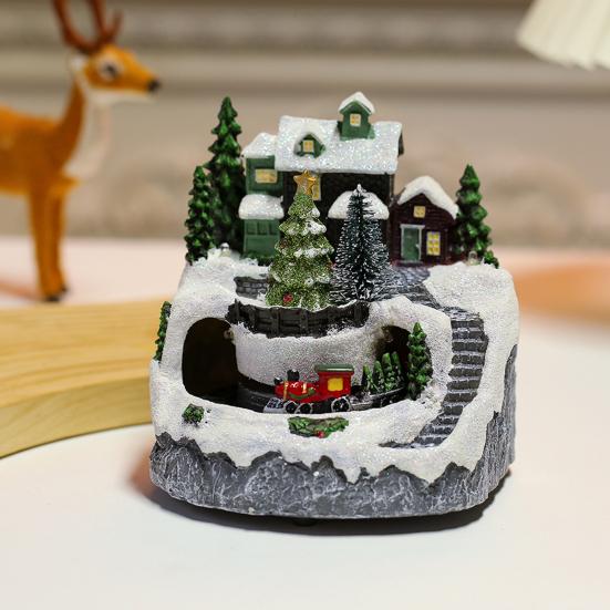 Christmas Igloo Ornaments Church Figurines with Rotating Train LED Lights Music Box Figurines Decorative Holiday Decor Festive Gift