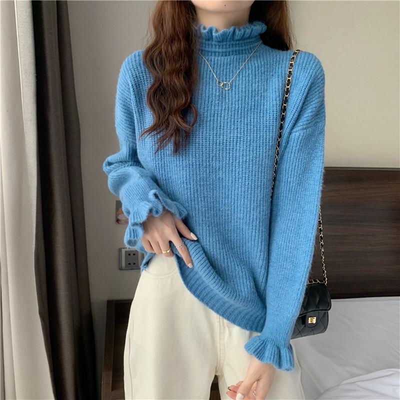 Autumn Winter Ruffles Half High Collar Solid Bottomed Sweater Women Simple All-match Pullover Knitting Top