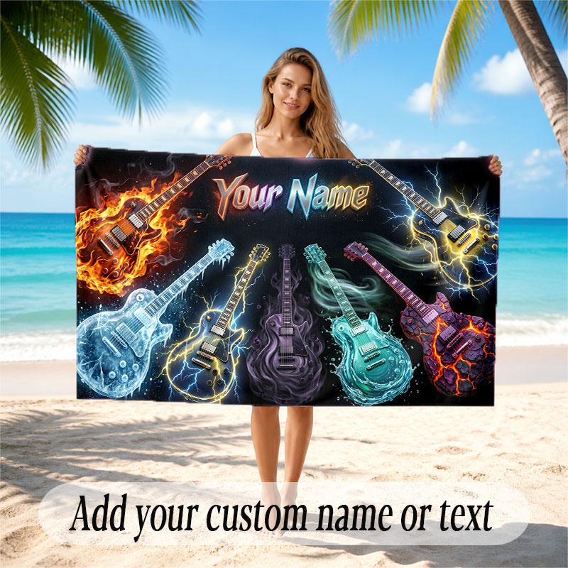 Music Guitar Theme Beach Towel Personalized Custom Name & Text Soft Quick Dry Beach Towel for Swimming Travel