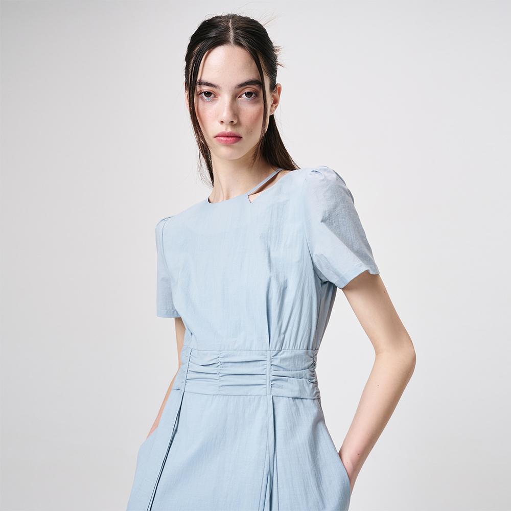 Etmont Neck Cut-Out Shirring Dress, Sky Blue