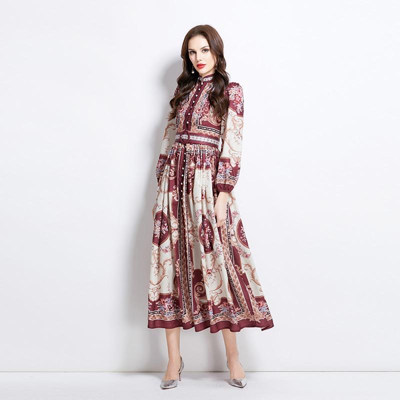 Summer Autumn Women Vintage Print Designer Runway Dress Stand Collar Single Breasted Long Maxi Holiday Party Dresses with Belt