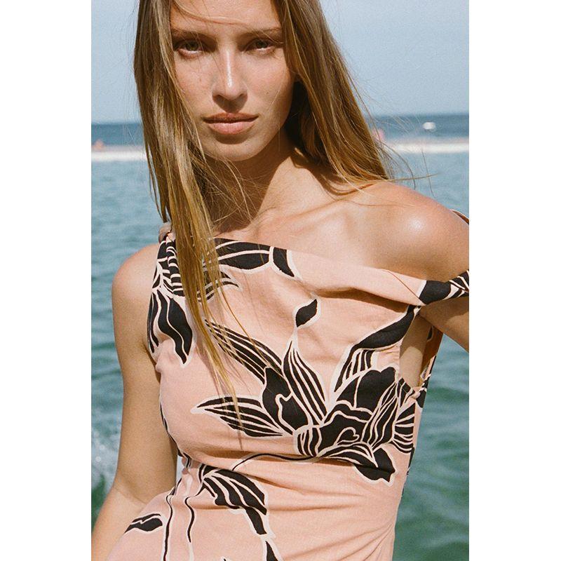 Summer New Product Women's Clothes Seaside Holiday Style Linen Blend Print Sleeveless Mini Dress 2587059