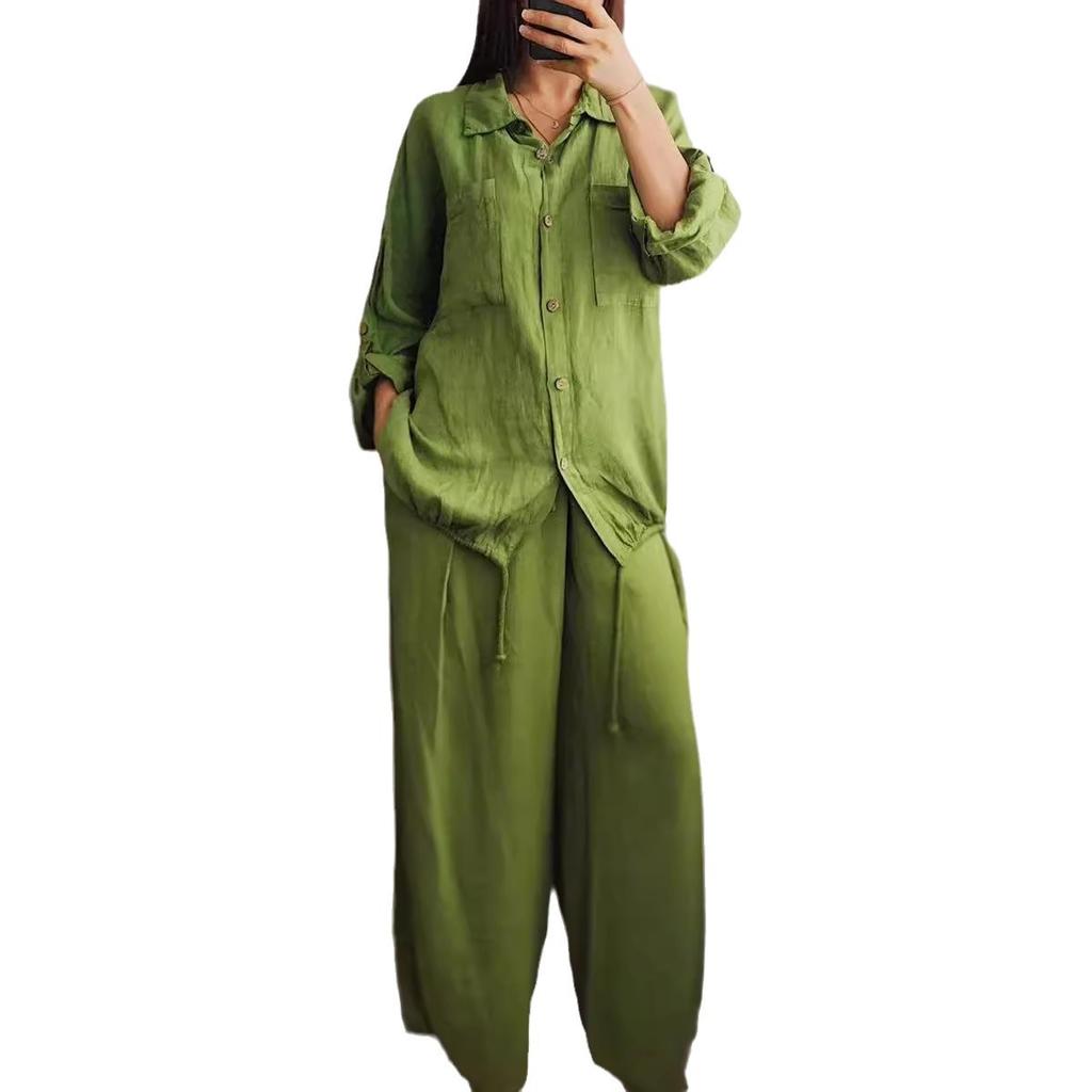 Women's Casual Solid Color Long Sleeve Shirts Cotton Linen Pants Suit
