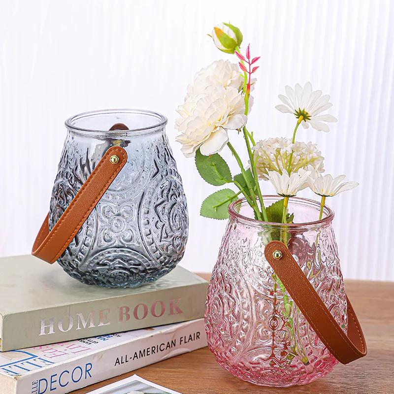 Leather Handle Vintage Glass Vase Colorful Home Decor Floral Arrangement for Boutique & Cafe Gift