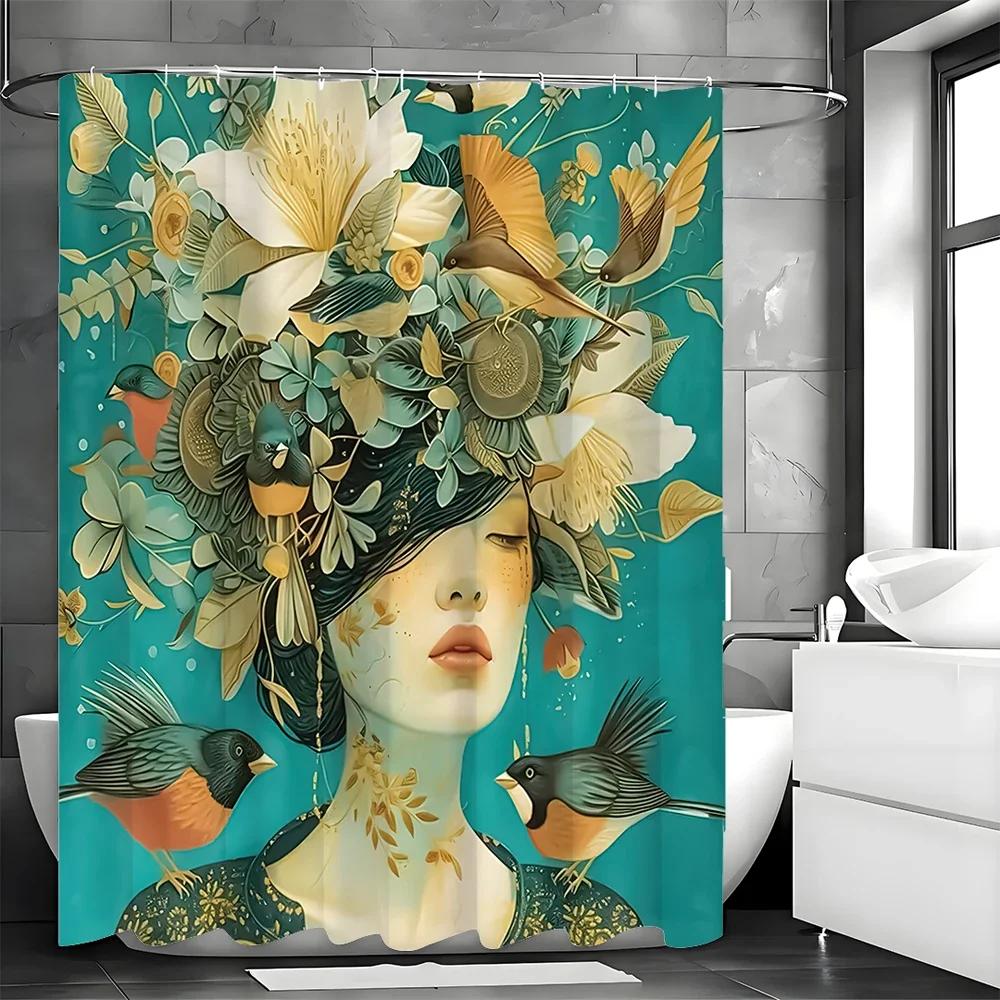 Abstract Art Flower and Bird Girl Design, Shower Curtain, Bathroom Decorative Shower Curtain, Waterproof Shower Curtain with Hoo