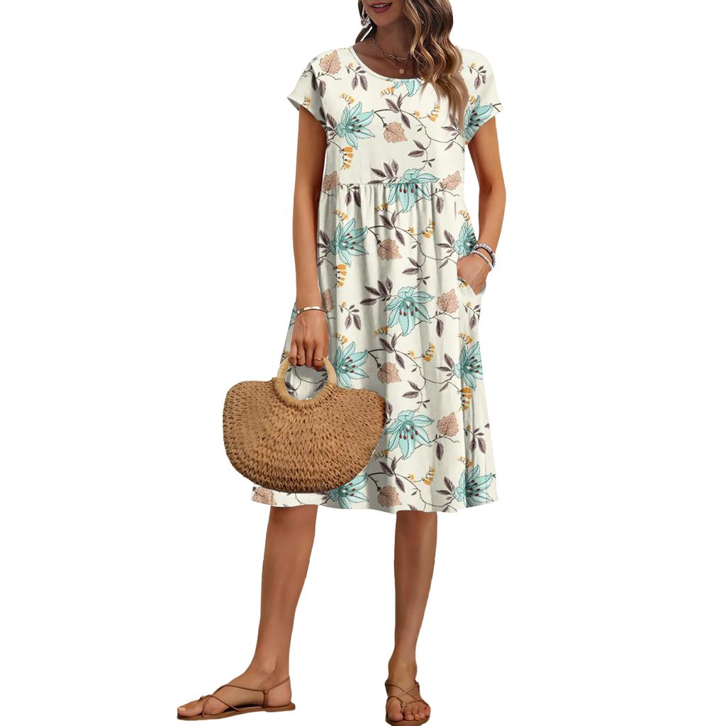 Women's Summer Fashion Casual Round Neck Short Sleeve Vintage Print Dress