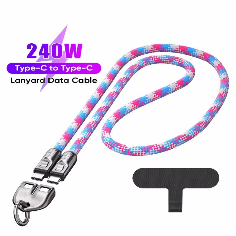 PD240W Phone Lanyard Charge Cable 2 in 1 USB-C to USB-C Super Fast Charge Data Cable Zinc Alloy Head Lanyard Fast Charging Cable