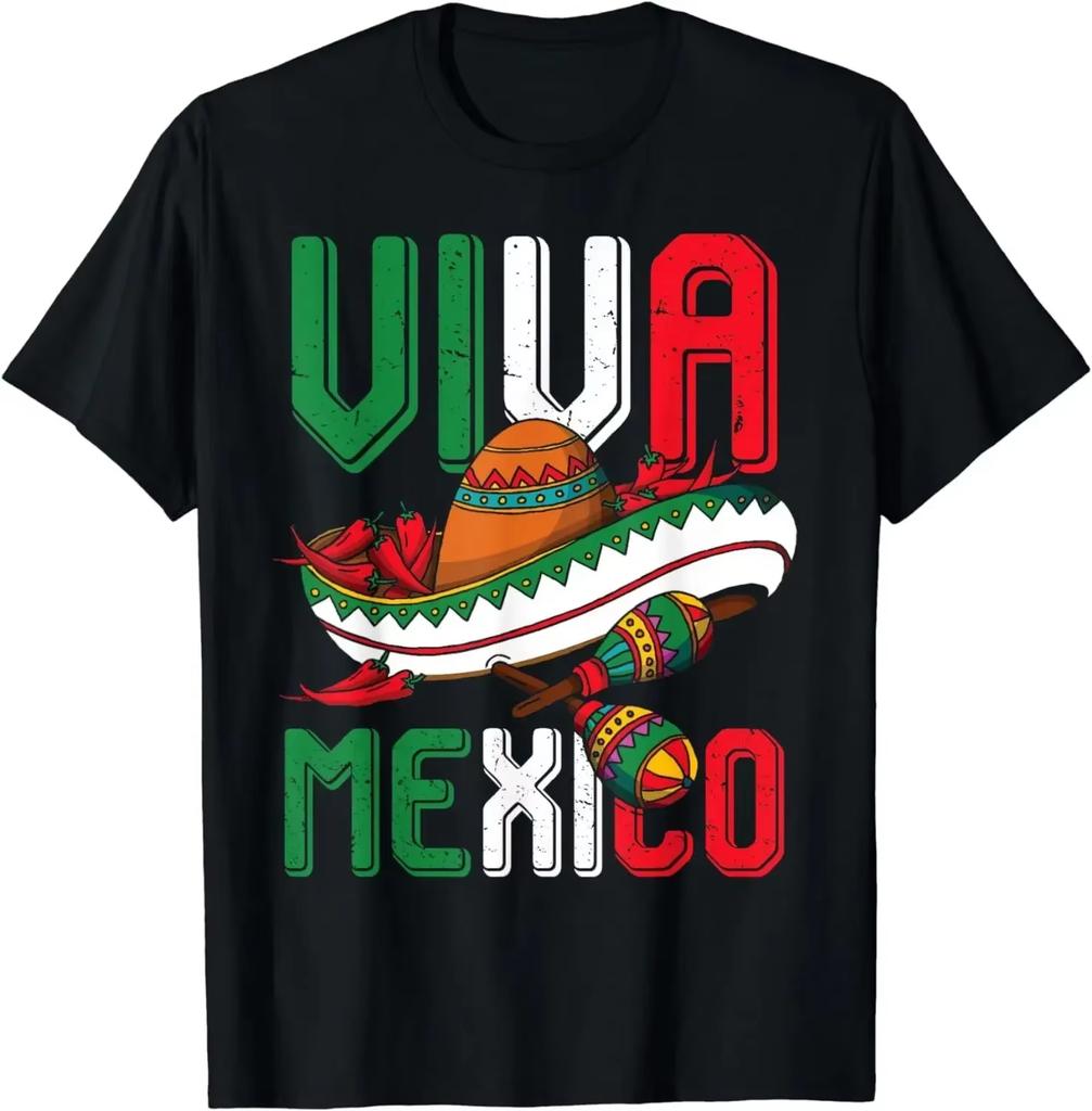 Summer 100 Cotton VIVA MEXICO Mens Short Sleeve TShirt  Mexican Elements Sombrero Chili Pinata Vintage Distressed Casual Top