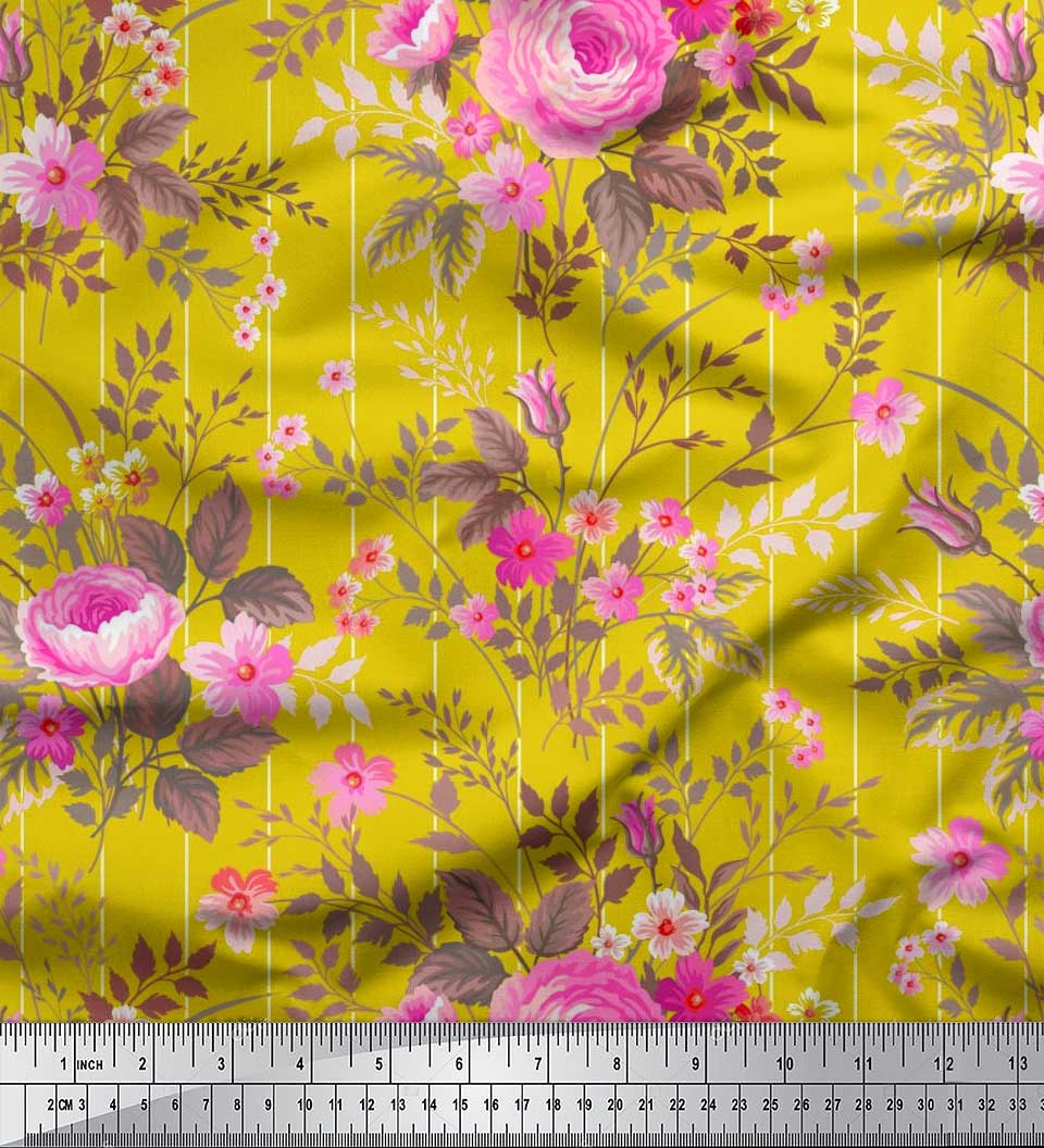 

Японська креп-атласна тканина Soimoi в смужку, листя та троянда з квітковим принтом на метр 42 дюйма 42 Inch Wide - Poly Crepe жовтий