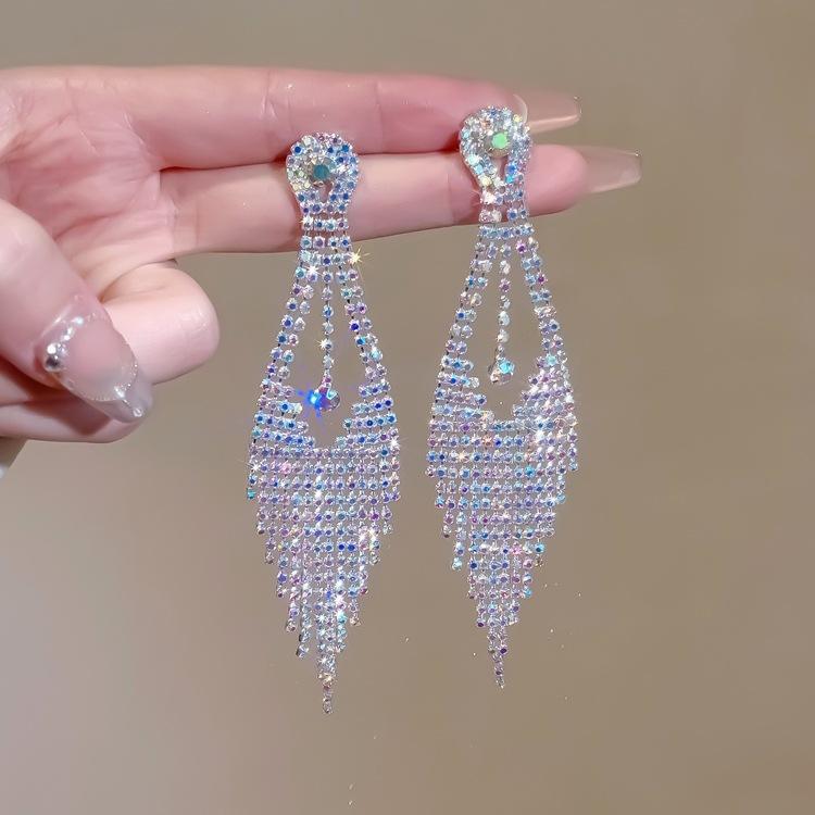 Super Flash Ab Diamond Long Fringed Earrings Fashion Temperament Luxury Exaggerated Earrings Bridal Earrings