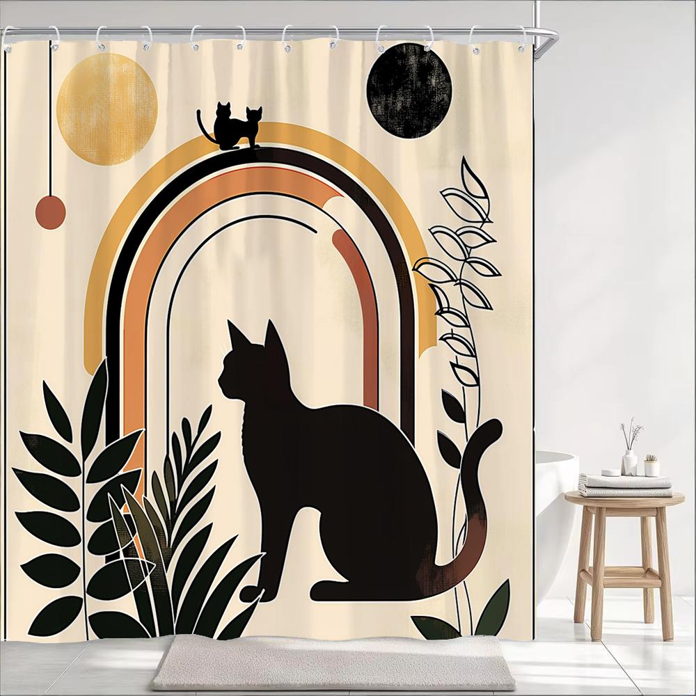 1Pc Nordic Art Cartoon Black Cat Print Shower Curtain Partition Privacy Hanging Bathroom Curtain With Hooks Decoration Curtain