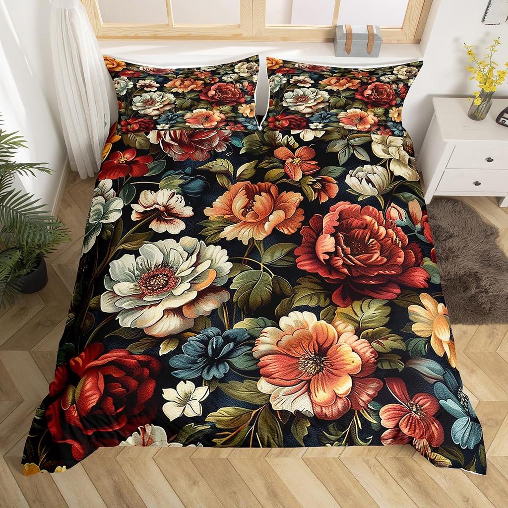 Comforter Peony Groovy Flower Floral Vintage Victorian Botanical Bedding Set Garden Petals Pastoral Plant Bed Set