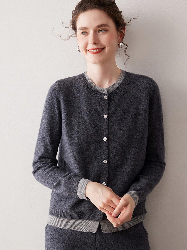 2025 Autumn/Winter Cashmere Color Block Two-Piece Knit Cardigan – Elegant Campus Style Sweater Top