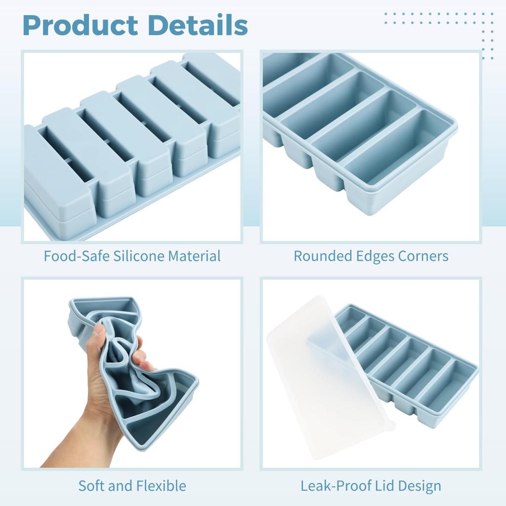 6 Grids Large Ice Cube Molds Silicone Freezer Tray with Lid Reusable Long Ice Stick Tray Easy Release Soup Freezer Mold Ice Cube 6