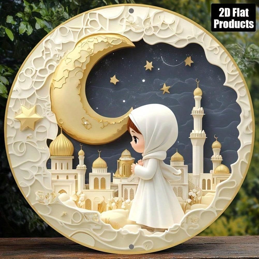 2D Round Aluminum Metal Wall Art, Girl with Mosque and Crescent Moon, Eid Al-Fitr Holiday Home Decor, 8x8 Inches, 1pc