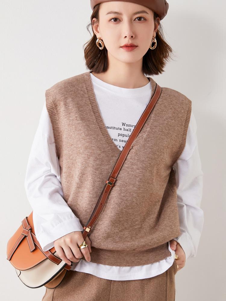 Women's Solid Color V-Neck Knit Vest - Sleeveless, Loose, Autumn/Winter