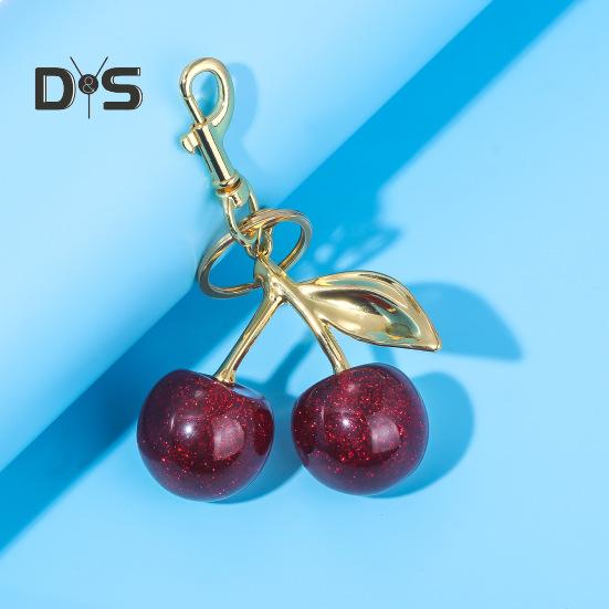 Keychain Bag Charm with Golden Shimmering Resin Cherries Hypoallergenic Steel Key Pendant Bag Wallet Accessory