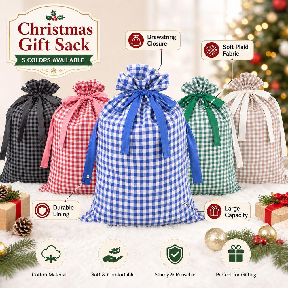 Plaid Pattern Christmas Present Bag Drawstring Closure Drawstring Christmas Sack Merry Christmas