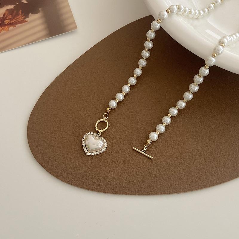 Elegant Pearl Necklace For Women Heart Pendant Necklaces Luxury Imitation Pearls Chain Necklaces Korean Zircon Girls Gifts
