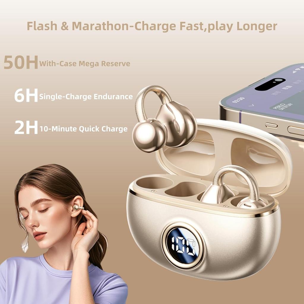 M97 Clip On Earbuds Wireless Bluetooth 5.3, Open Ear Headphones with 50H Battery 10-Min Quick Charge, Featherlight C-Shaped Hook, Secure Fit for