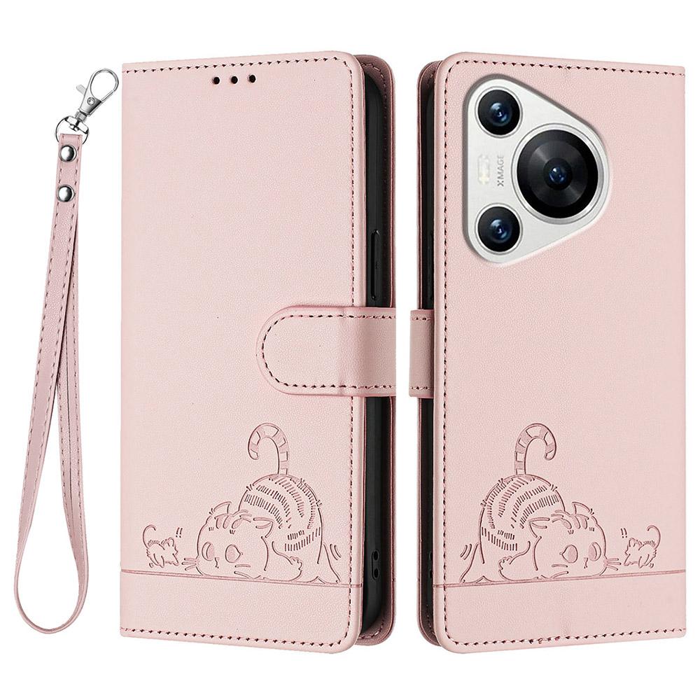 For Huawei Pura 70 Pro/Pura 70 Pro+ Case with Strap RFID Blocking Leather Wallet Phone Cover Cat Mouse Pattern