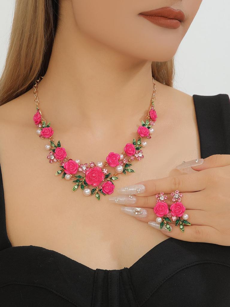 Conjunto de Collar y Pendientes Kaiyi Fashion Fresco de Esmalte con Diamantes y Perlas de Camelia