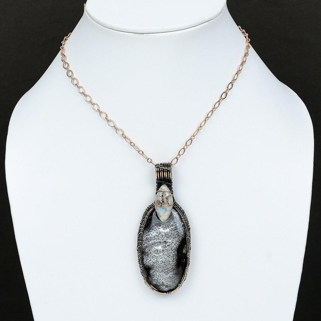 Dendrite Opal Pendant Copper Wire Wrapped Pendant Rainbow Moonstone Gemstone Jewelry Handmade Boho Pendant Copper Wire Jewelry Gift For Him