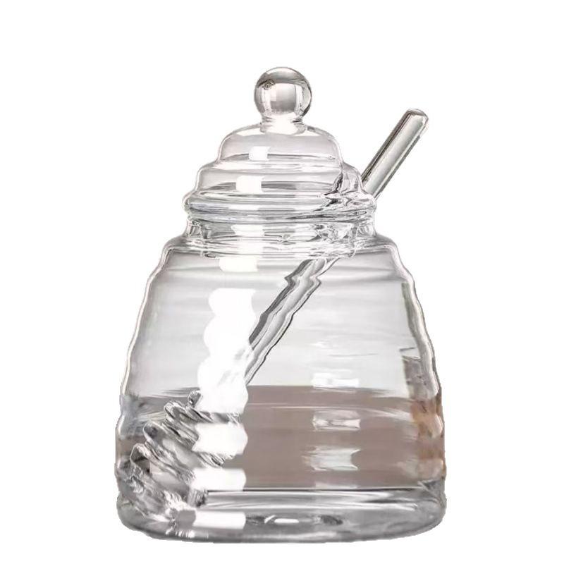 צנצנת דבש מזכוכית שקופה עם מכסה ומקל ערבוב - עיצוב יצירתי ואטום
