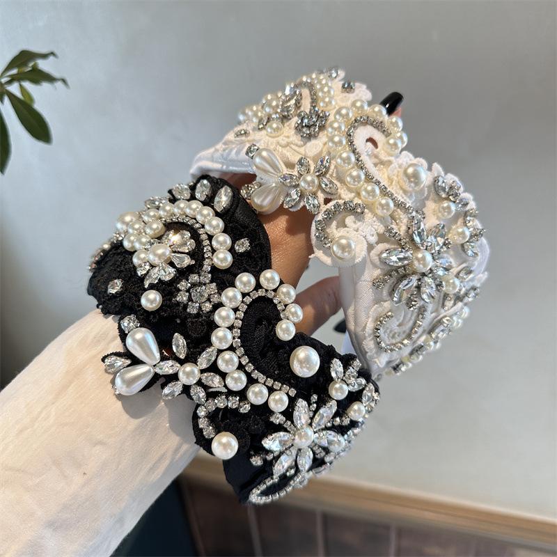 Luxur  Black White Crystal Embroidered Flower Headband for Women Girls Travel Seaside Wide Hair Hoops Headwear Hair Bands