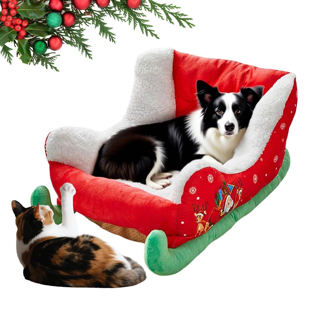 Christmas Sleigh Pet Bed Plush Cozy Washable Dog Cat Bed Holiday Themed Pet Nest for Puppy Kitten Winter Christmas Decoration