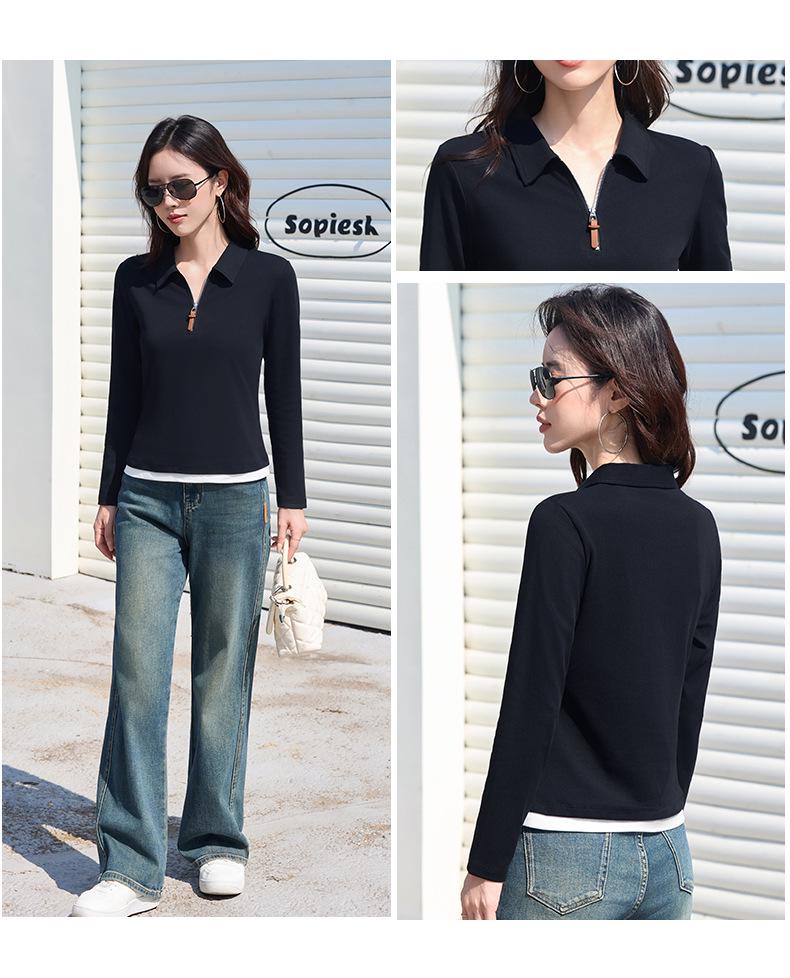 Women's Slimming Cotton Long Sleeve Zipper Lapel T-Shirt