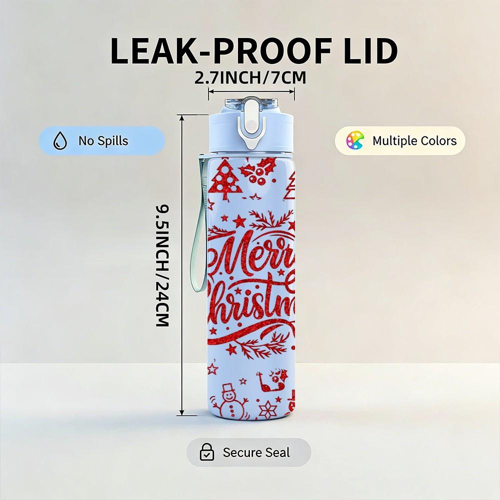 1PC Vintage Merry Christmas Text Print 750ml Color Plastic Sports Water Bottle Leakproof Flip Straw Lid Suitable for Sports Office Home Use