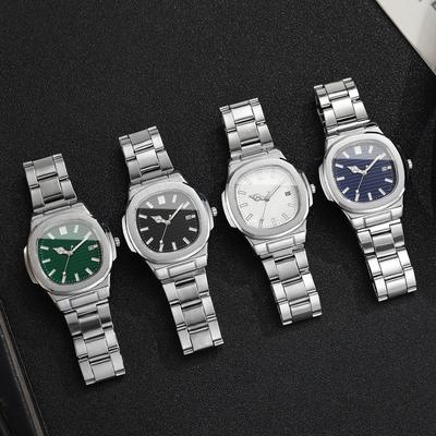4pcs/set Men's Watch Classic Fashion Square Scale Calendar Dial Trendy Handsome Quartz Watch Combination Set ( Box Not Included)