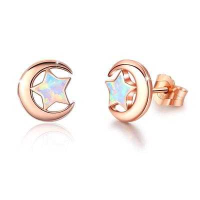 PEIMKO Earrings Star and Moon Cherry Blossom Rainbow Opal Rose Gold Popular Simple Cute Metal Hypoallergenic Silver 925 Earrings for Both Ears