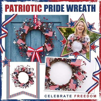 40cm Patriotic Wreath Decoration with Artificial Berries and Small Flag Accents for Seasonal Home Wall Hanging or Door Ornament