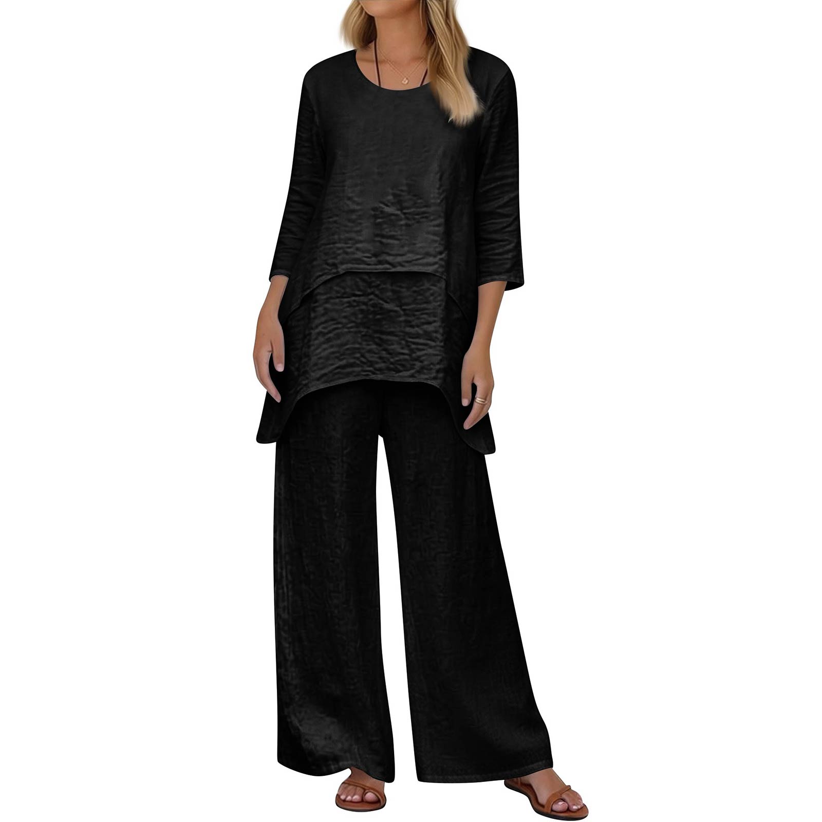 

Women s 2-Piece Set: Stylish Casual Round-Neck Loose-Fit Top + Wide-Leg Pants L чёрный