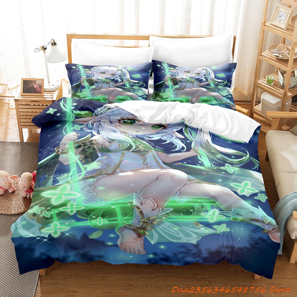 New Game Nahida Genshin Impact Bedding Collection Cartoon Anime ThreePiece Set Adult Kid Bedroom Duvetcover Collections 3D Kawaii Girls