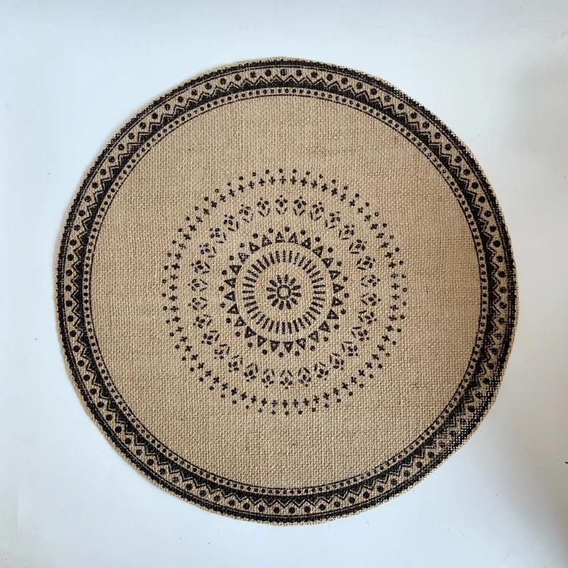 Vintage Pastoral Round Cotton Linen Placemats Handwoven Jute Tassels Placemats Soft Non-slip Table Pads Vase Mats Accessories 38cm&Round