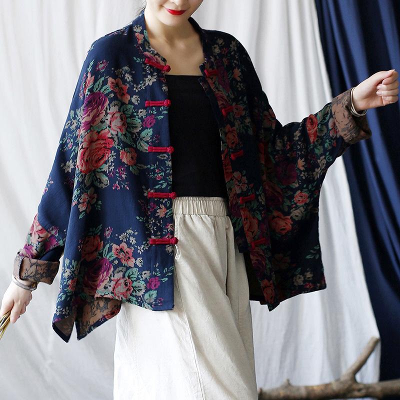 Spring and Autumn National Style Retro Big Flower Long-sleeved Blouse Old Ethnic Style Stand-up Collar Jacket