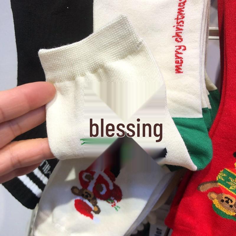 2025 Women's Korean Mid-Calf Christmas Socks: Color Block Heel Cartoon Design for Autumn/Winter Happy Party.