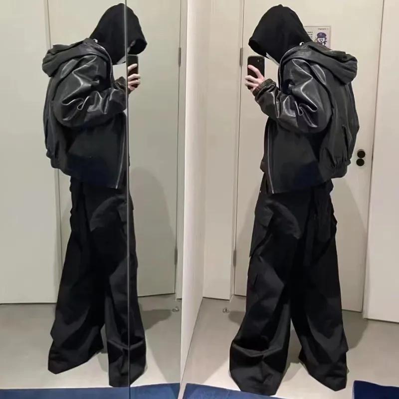 Amerikanischer Stil Freizeithose Schwarz Cargohose Mehrere Taschen Locker Weites Bein für Herren Y2K Frühling Herbst