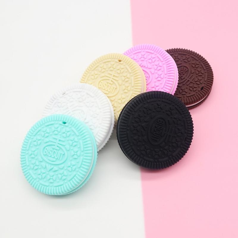 Silicone Cookie Teether Baby Chewer Toy BPA-Free Molar Rod Infant Teething Pains Relief Animal Toy Pacifier Chain Accs