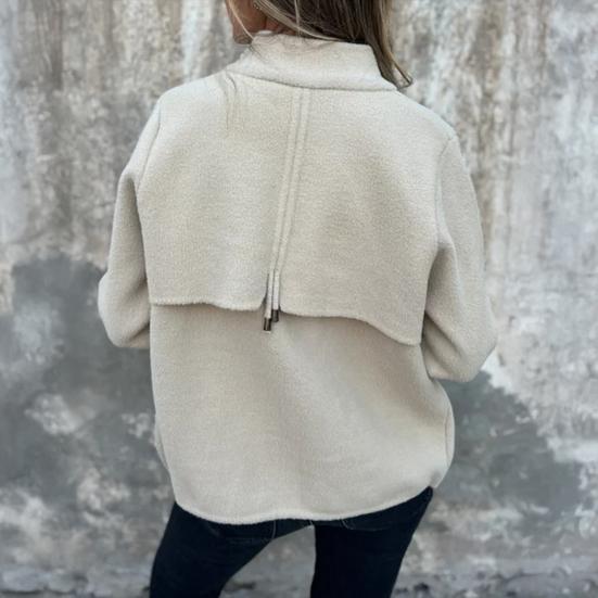 Women Jacket Stand Collar Long Sleeve Woolen Coat with Pockets Solid Color Warm Lightweight Coat Daily Wear