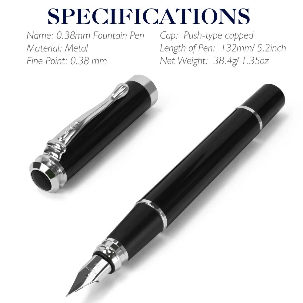 STONEGO 0.38mm Ultra Fine Tip Fountain Pen, Black Metallic Calligraphy Gift Pen with Ink Refill Converter, Executive Pen