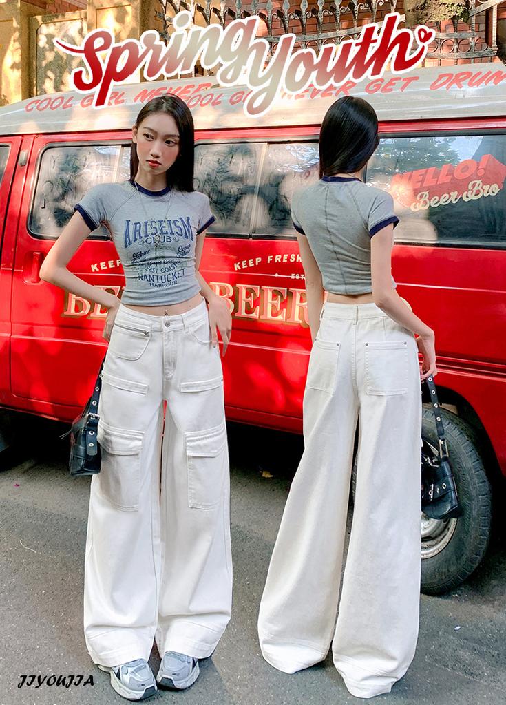 American Casual Overalls Women's Summer New Design Sense Multi-pocket High-waisted Loose Straight Wide-leg Pants